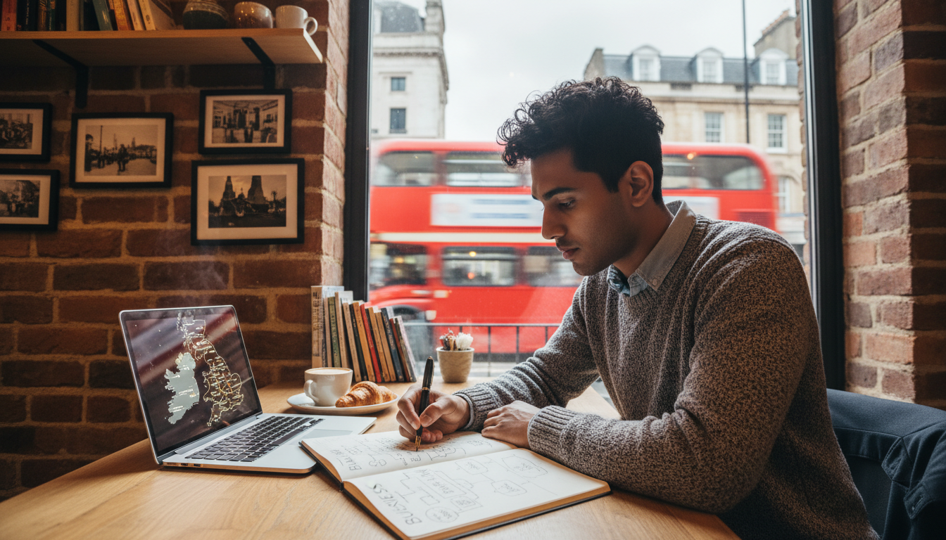 A photorealistic, high-quality image of a modern, diverse young entrepreneur sitting in a cozy, brick-walled London coffee shop. They are sketching a business plan in a notebook with a laptop open displaying a UK map. Outside the window, a classic red double-decker bus is blurred in motion. Warm, inviting lighting.