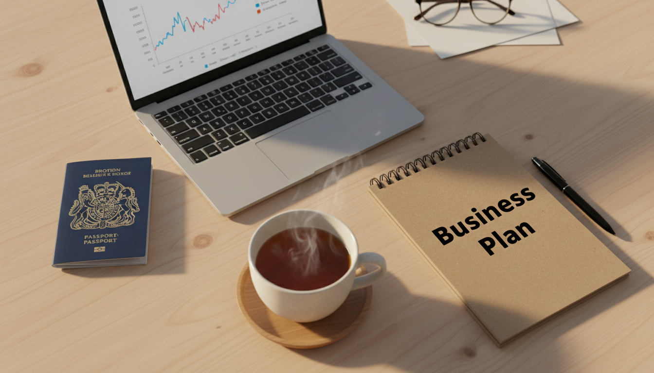 A photorealistic flat-lay image of a modern wooden desk featuring a British passport, a sleek laptop showing a graph of the UK economy, a cup of tea, and a notebook with 'Business Plan' written on it. Warm, inviting lighting.