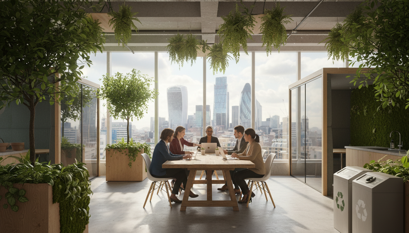 A photorealistic image of a diverse group of entrepreneurs working in a modern, eco-friendly office space in London with plenty of plants and a view of the Gherkin building through large windows, natural lighting, high resolution.