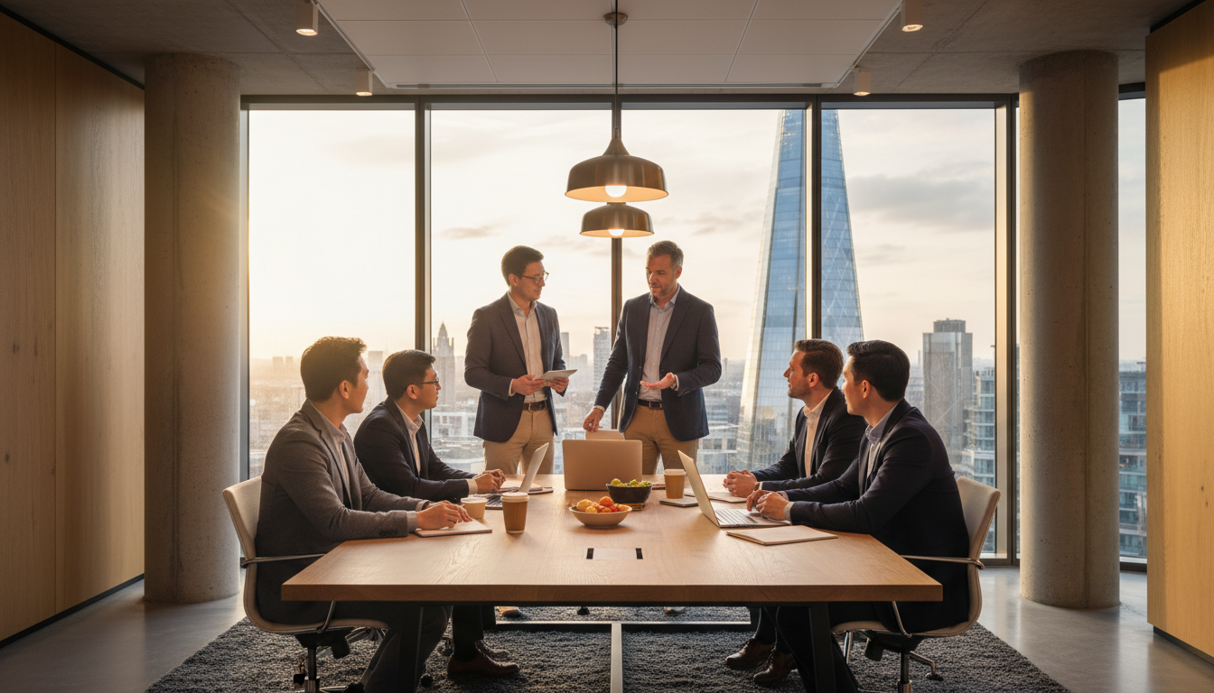 A photorealistic, high-quality image of a modern, diverse group of entrepreneurs brainstorming around a table in a stylish London office with the Gherkin and Shard visible through a large window, warm lighting, casual business attire.