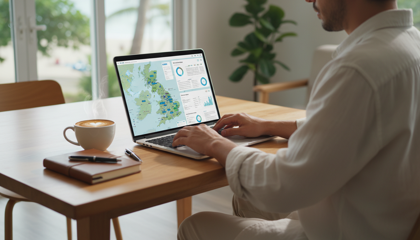 A photorealistic image of a digital nomad working on a laptop at a bright, wooden table with a cup of coffee, displaying a map of the UK and business documents on the screen, symbolizing remote international business setup. Soft, natural lighting.
