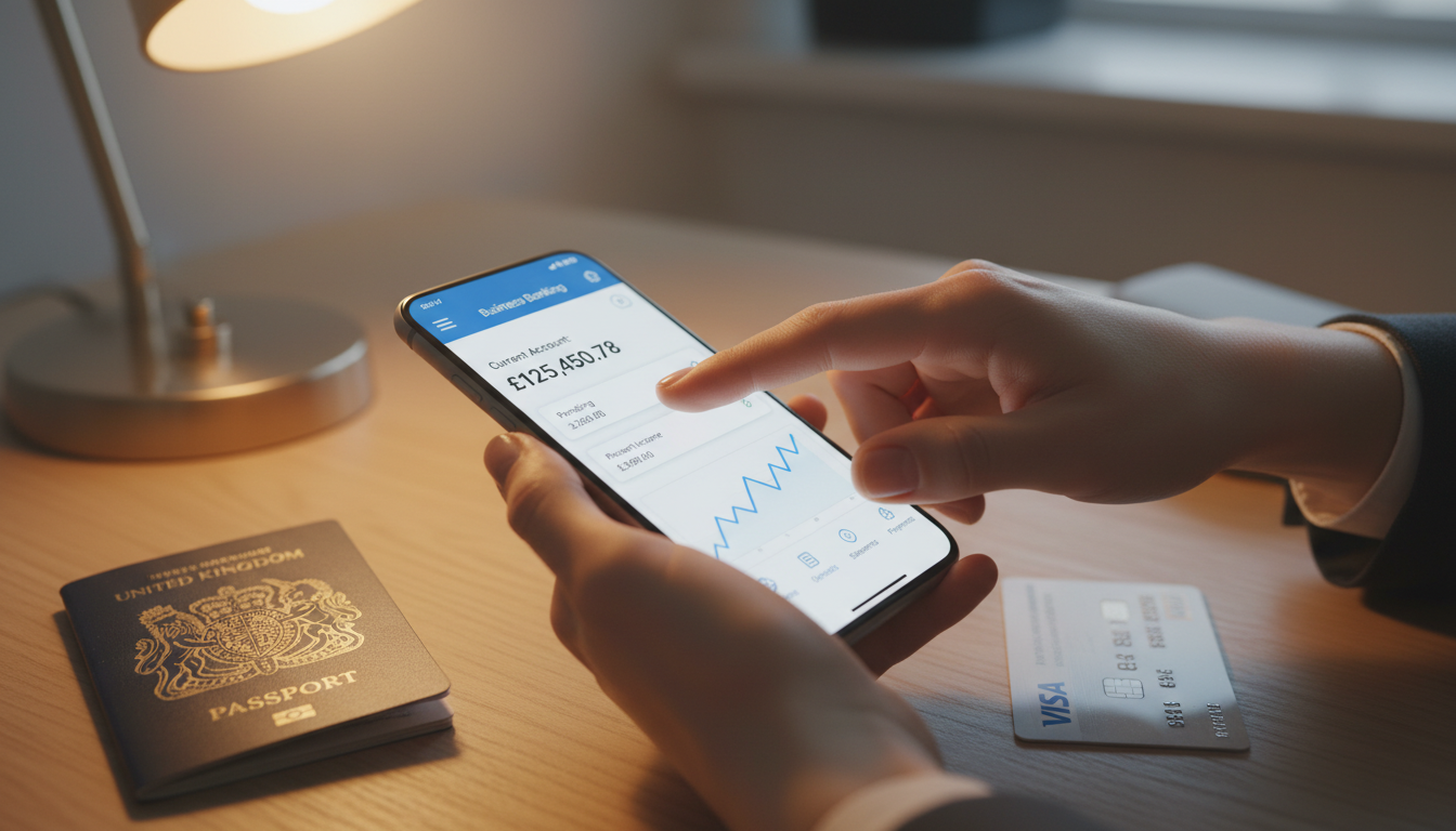A high-quality close-up shot of a person's hands holding a smartphone displaying a digital business banking app dashboard, with a British passport and a credit card resting on a wooden desk in the background, soft warm lighting.