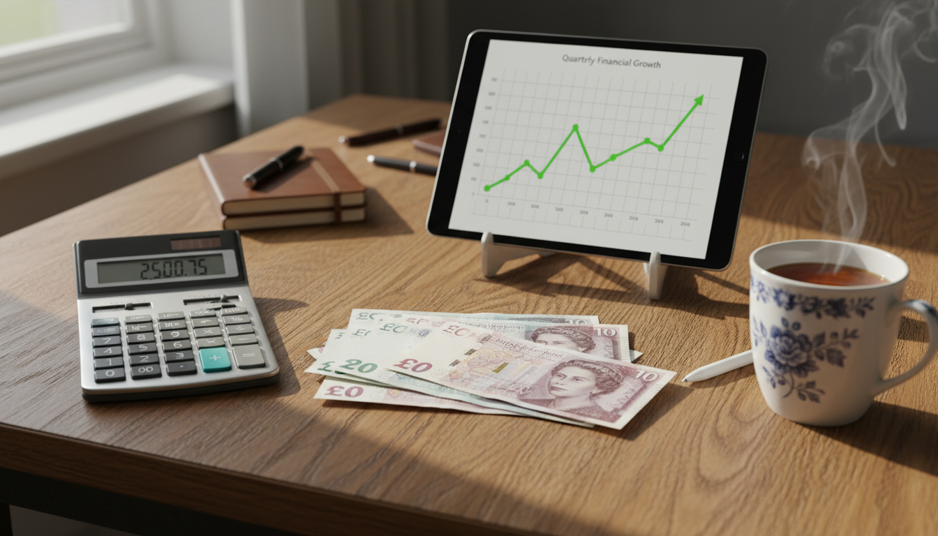 A detailed, photorealistic close-up of a wooden desk surface. On the desk, there is a neatly organized stack of British Pound Sterling notes, a calculator, a smart tablet showing a 'Growth Chart', and a steaming cup of tea in a ceramic mug. Soft daylight illumination coming from the side.