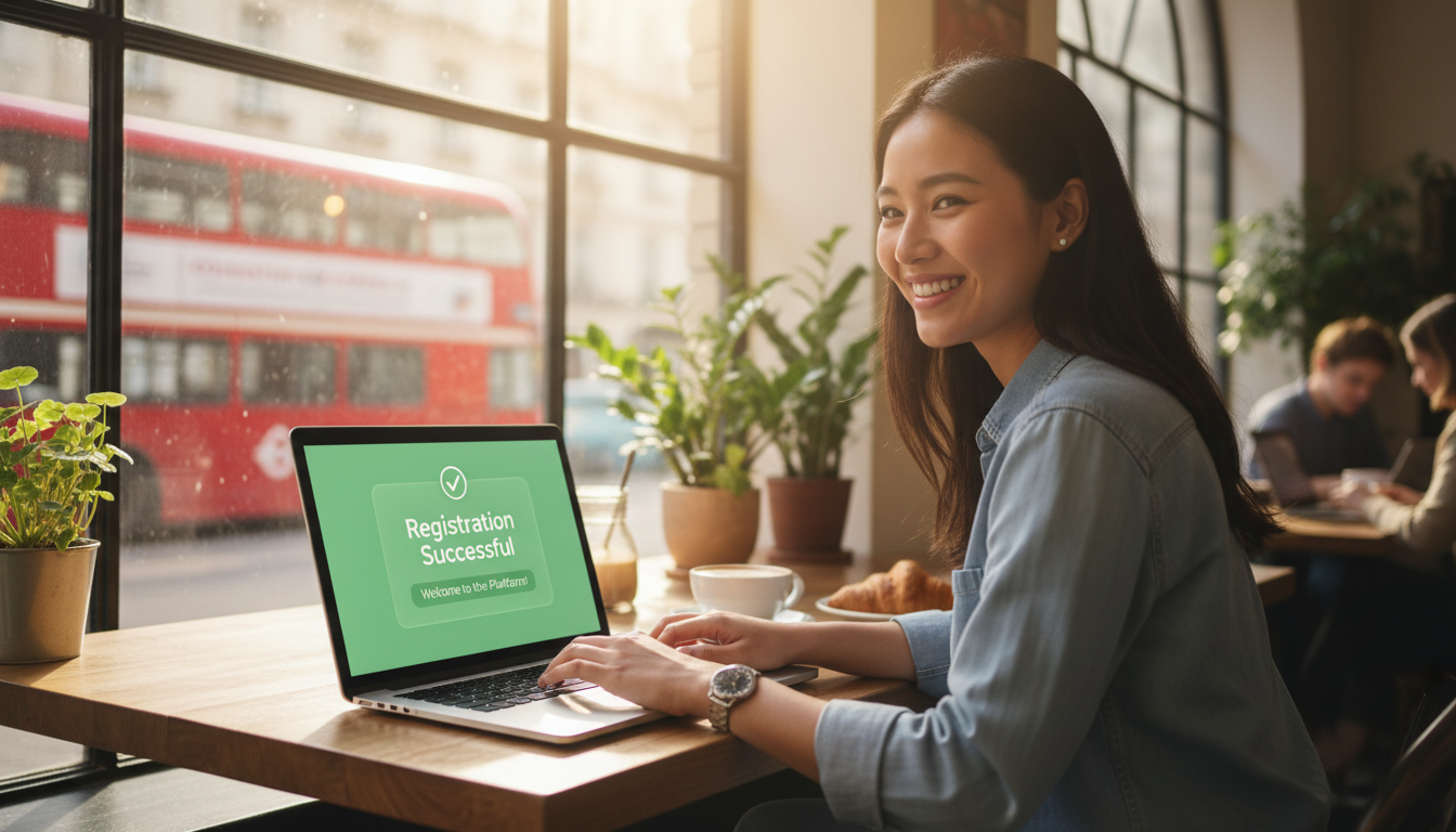 A photorealistic shot of a smiling digital nomad working on a laptop in a vibrant, sunlit cafe. Through the window, a subtle reflection of a London double-decker bus is visible, symbolizing the connection to the UK. Focus on the screen showing a 'Registration Successful' notification.