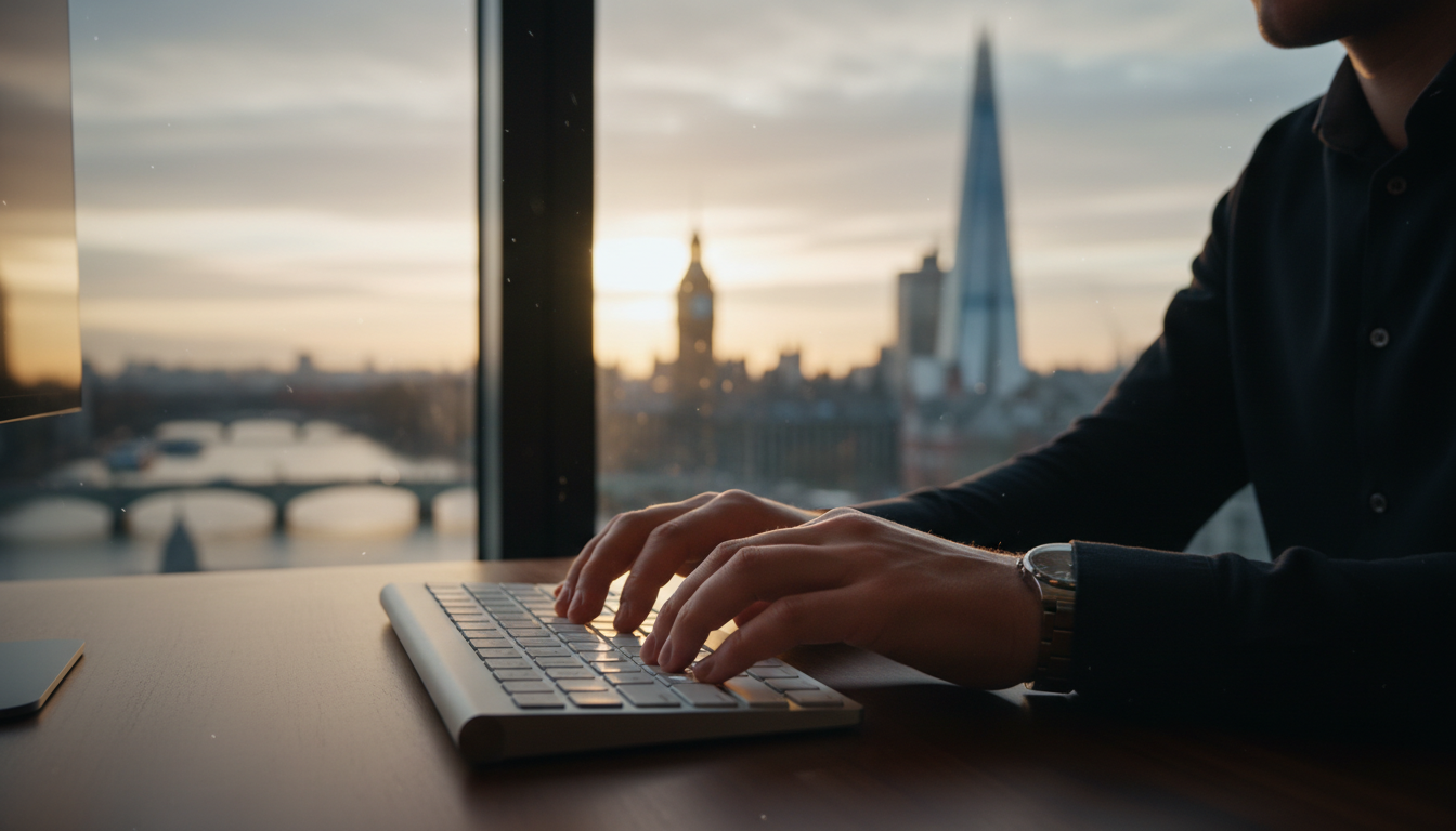 A detailed close-up shot of a person's hands typing on a sleek keyboard, with a blurred background featuring the iconic London skyline including the Shard and Big Ben through a window, representing managing a UK business remotely, cinematic lighting, depth of field.