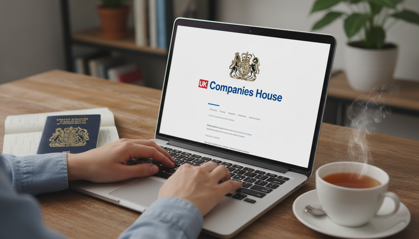 A close-up, photorealistic shot of hands typing on a laptop displaying the UK Companies House website logo, with a British passport and a cup of tea on a wooden desk, soft depth of field to emphasize the screen.