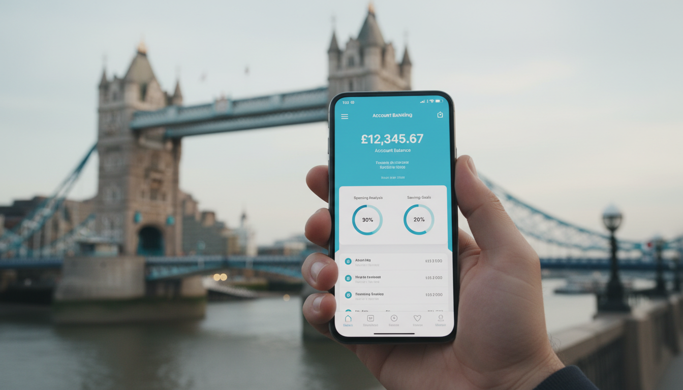 Close-up shot of a modern smartphone displaying a mobile banking app dashboard held by a hand, with a blurred background of the London Tower Bridge, symbolizing modern fintech in the UK, highly detailed, realistic texture
